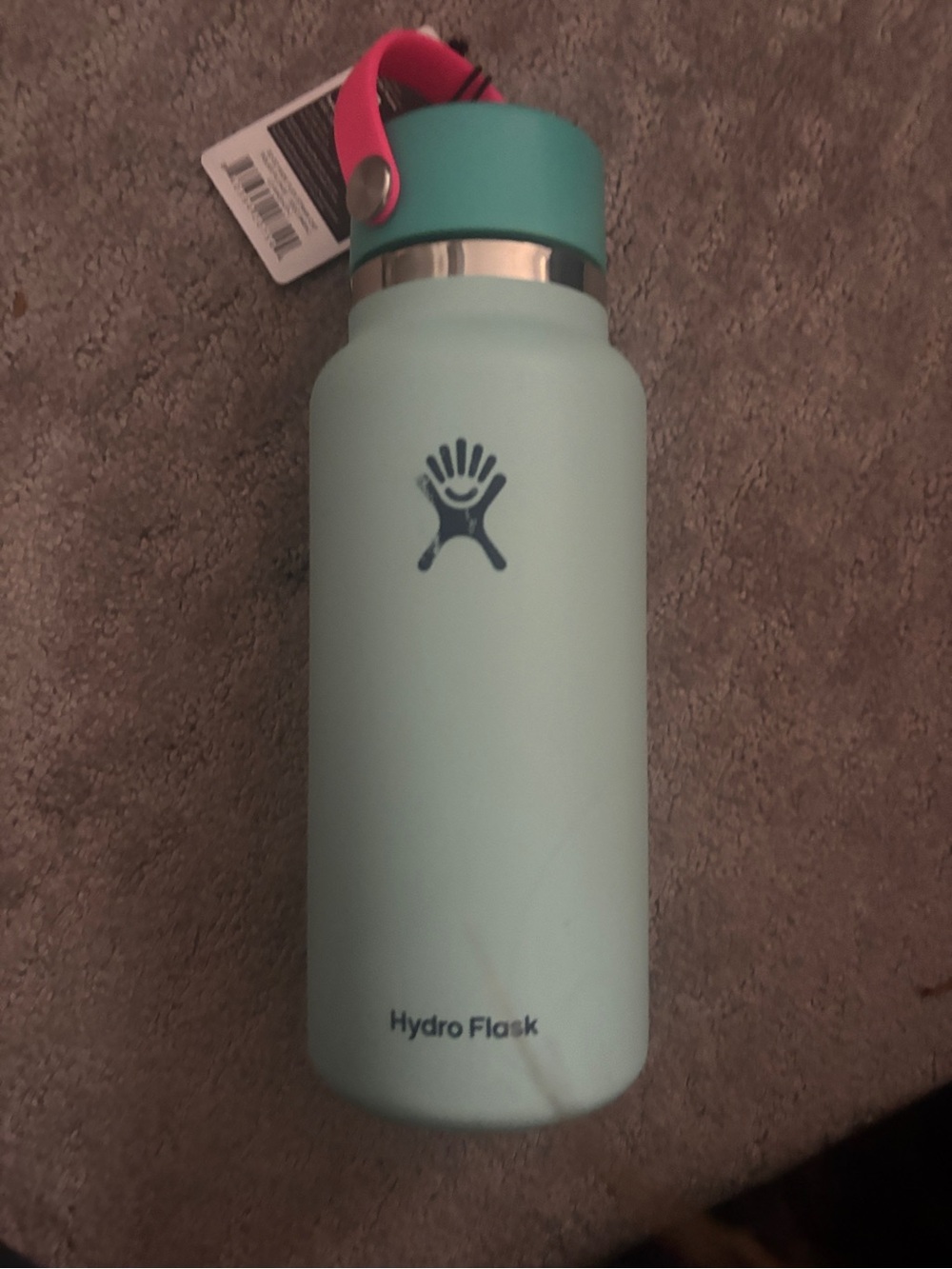 Hydro Flask Mint Green Bottle with Teal Cap and Pink Strap